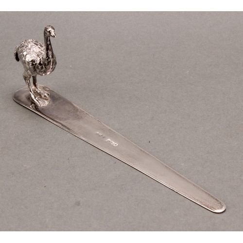 1031 - An Edwardian silver letter knife, mounted with a model of an ostrich, 18cm long, A. Barrett & Sons, ... 