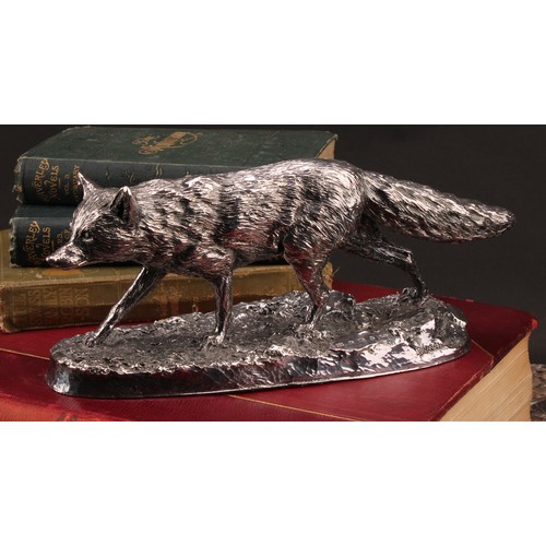 1054 - An Elizabeth II silver model, of a fox, after Robert Donaldson, naturalistically chased, shaped oval... 