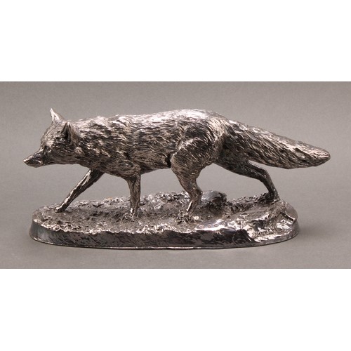 1054 - An Elizabeth II silver model, of a fox, after Robert Donaldson, naturalistically chased, shaped oval... 