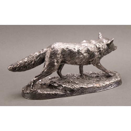 1054 - An Elizabeth II silver model, of a fox, after Robert Donaldson, naturalistically chased, shaped oval... 