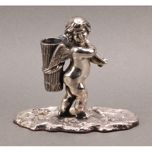 740 - A Cyprian Mandos silver novelty table vesta, modelled as a cherub carrying a quiver, naturalisticall... 