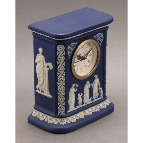 80 - A late Victorian Wedgwood Jasperware mantel clock, typically sprigged in white with classical scenes... 