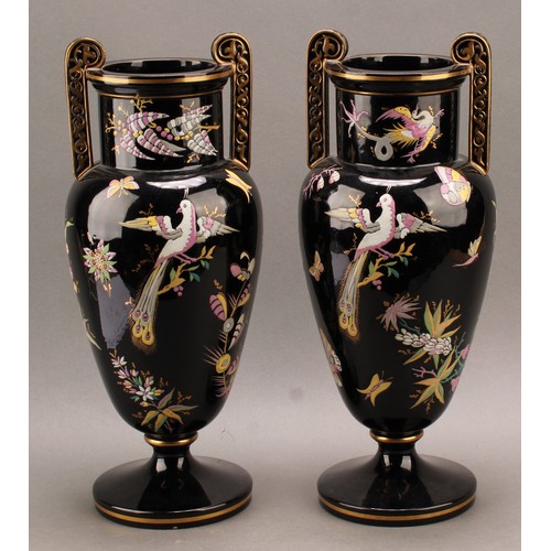 11 - A pair of 19th century Aesthetic Movement Ridgeways pottery Ebony/Jet ware black twin handled vases,... 