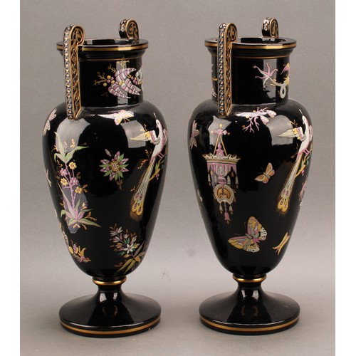 11 - A pair of 19th century Aesthetic Movement Ridgeways pottery Ebony/Jet ware black twin handled vases,... 