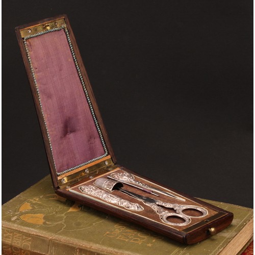 2206 - A 19th century French rosewood and marquetry sewing etui, hinged cover enclosing silver needle case,... 