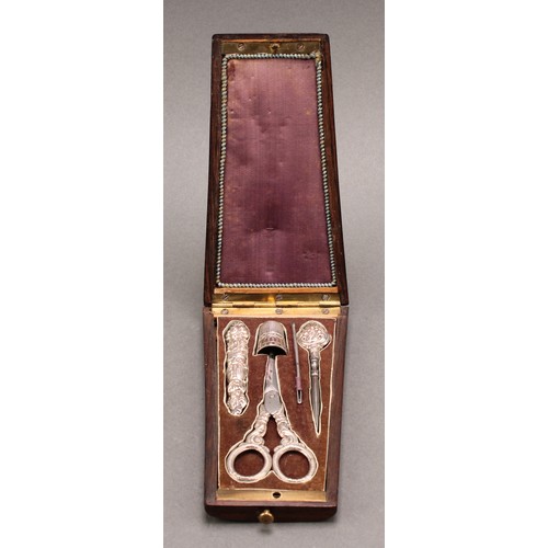 2206 - A 19th century French rosewood and marquetry sewing etui, hinged cover enclosing silver needle case,... 