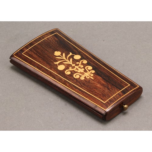 2206 - A 19th century French rosewood and marquetry sewing etui, hinged cover enclosing silver needle case,... 