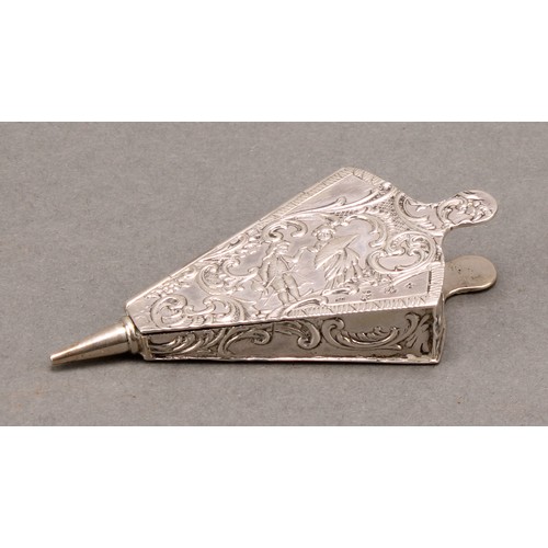 733 - A Continental silver novelty snuff box, as a set of fire bellows, embossed with courting couples and... 