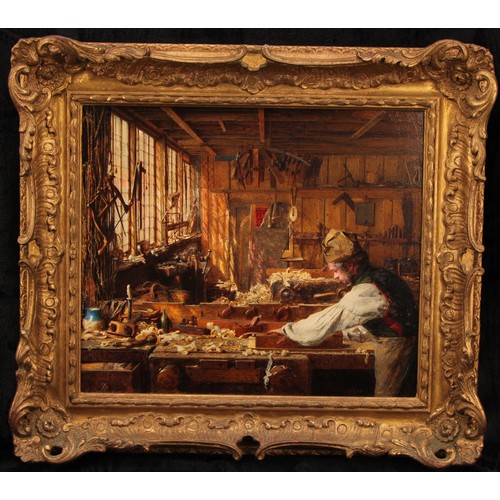 586 - James Hayllar (1829–1920)
Carpenter’s Workshop
signed with monogram, dated 1858, label to verso, oil... 