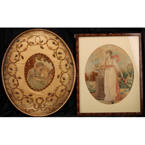 2197 - A George III stumpwork oval panel, embroidered with a seated lady, 41cm x 34.5cm, c.1800; another, n... 