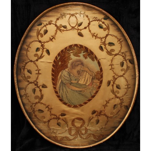 2197 - A George III stumpwork oval panel, embroidered with a seated lady, 41cm x 34.5cm, c.1800; another, n... 