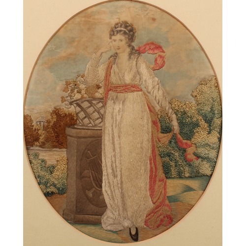 2197 - A George III stumpwork oval panel, embroidered with a seated lady, 41cm x 34.5cm, c.1800; another, n... 