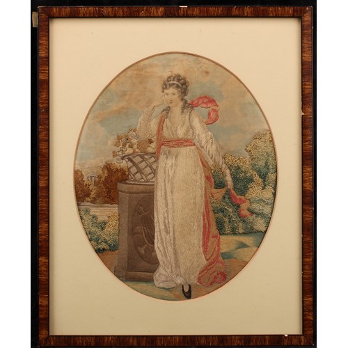 2197 - A George III stumpwork oval panel, embroidered with a seated lady, 41cm x 34.5cm, c.1800; another, n... 