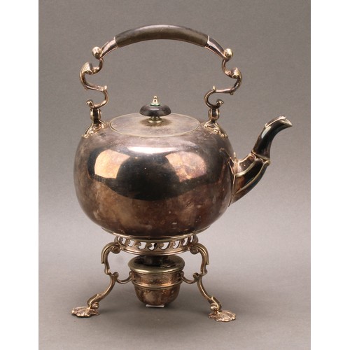 671 - A George II style EPNS globular tea kettle, stand and burner, 27cm high over raised handle, c.1920