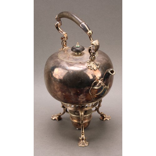 671 - A George II style EPNS globular tea kettle, stand and burner, 27cm high over raised handle, c.1920