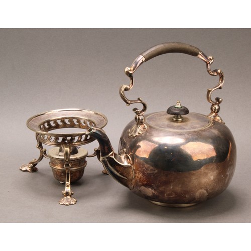 671 - A George II style EPNS globular tea kettle, stand and burner, 27cm high over raised handle, c.1920