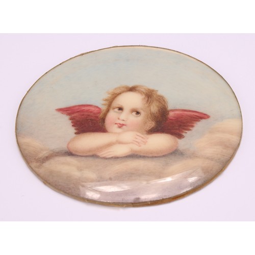 1409 - English School (19th century) a painted miniature, of a putto, signed to verso E. Paget July 14. 188... 