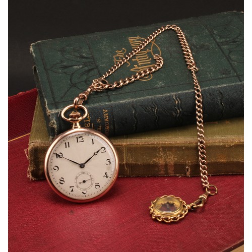 1141 - 9ct rose gold pocket watch with 9ct rose gold albert chain with unmarked yellow metal compass fob
Th... 