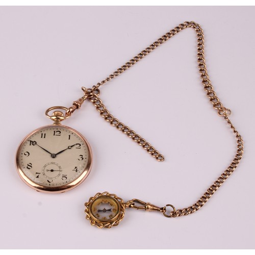 1141 - 9ct rose gold pocket watch with 9ct rose gold albert chain with unmarked yellow metal compass fob
Th... 