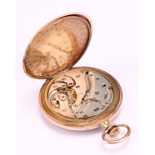 1141 - 9ct rose gold pocket watch with 9ct rose gold albert chain with unmarked yellow metal compass fob
Th... 