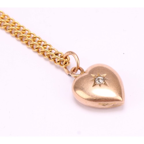 1164 - 15ct Chester gold old cut diamond heart pendant with 9ct fine curb link chain 
The pendant is hallma... 