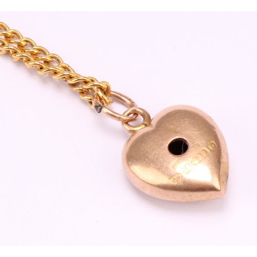 1164 - 15ct Chester gold old cut diamond heart pendant with 9ct fine curb link chain 
The pendant is hallma... 