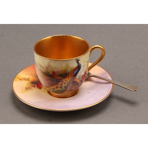 162 - A set of six Royal Worcester coffee cups and saucers, painted by Reginald Austin, signed, with peaco... 