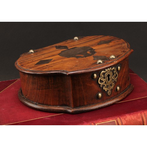 2558 - An 18th century Dutch Colonial East Indies shaped serpentine table box, hinged cover inlaid with loz... 