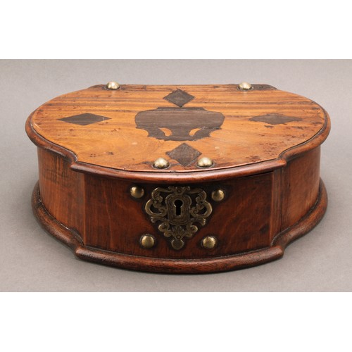 2558 - An 18th century Dutch Colonial East Indies shaped serpentine table box, hinged cover inlaid with loz... 