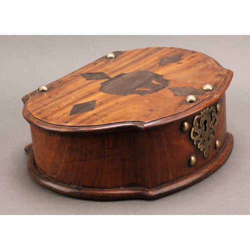 2558 - An 18th century Dutch Colonial East Indies shaped serpentine table box, hinged cover inlaid with loz... 