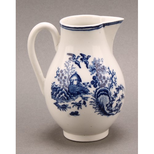 164 - A Worcester Fence pattern baluster sparrow beak cream jug, transfer printed in tones of underglaze b... 