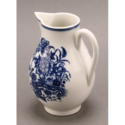 164 - A Worcester Fence pattern baluster sparrow beak cream jug, transfer printed in tones of underglaze b... 