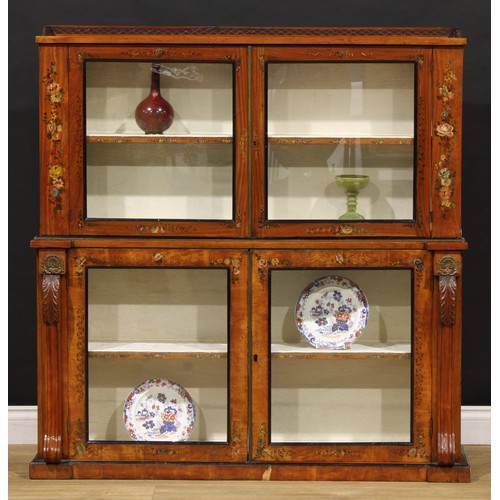 2459 - A Sheraton Revival satinwood and painted library bookcase, pierced three-quarter gallery above a pai... 