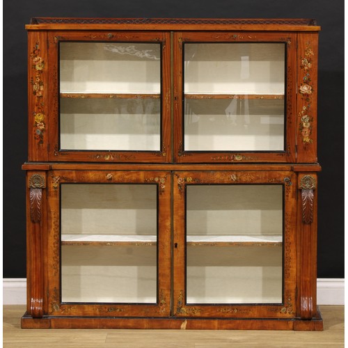 2459 - A Sheraton Revival satinwood and painted library bookcase, pierced three-quarter gallery above a pai... 