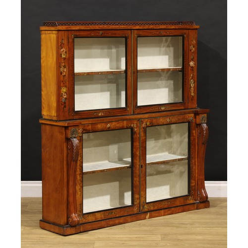 2459 - A Sheraton Revival satinwood and painted library bookcase, pierced three-quarter gallery above a pai... 