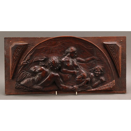 2211 - A 19th century oak fragment, carved in relief with Venus and dolphin, 23cm x 49.5cm overall