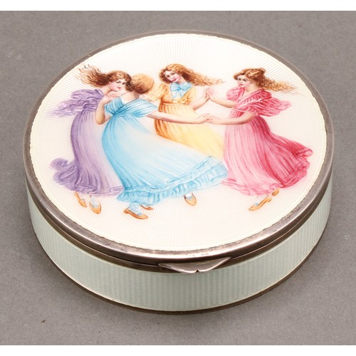 1396 - An early 20th century Continental silver and enamel circular table snuff box, hinged cover decorated... 