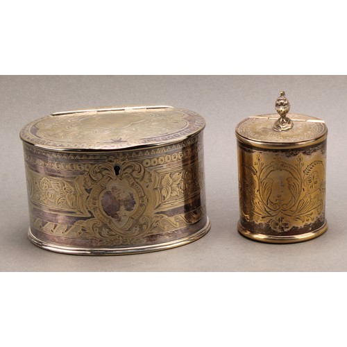 694 - A Victorian E.P.N.S oval tea caddy, bright-cut engraved, hinged coverm 15cm wide, James Dixon & Sons... 