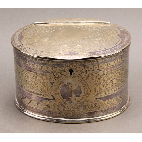 694 - A Victorian E.P.N.S oval tea caddy, bright-cut engraved, hinged coverm 15cm wide, James Dixon & Sons... 