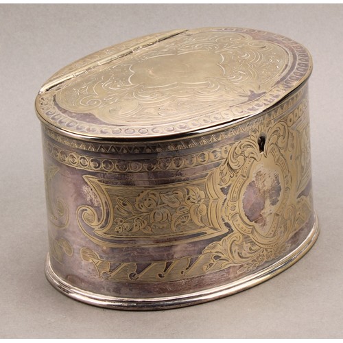 694 - A Victorian E.P.N.S oval tea caddy, bright-cut engraved, hinged coverm 15cm wide, James Dixon & Sons... 