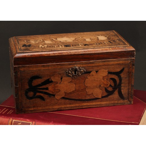 2213 - A 19th century vernacular oak and marquetry rectangular tea caddy, inlaid in the folk art manner wit... 