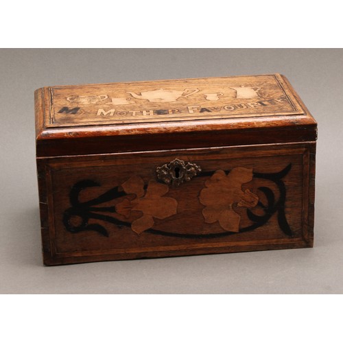 2213 - A 19th century vernacular oak and marquetry rectangular tea caddy, inlaid in the folk art manner wit... 