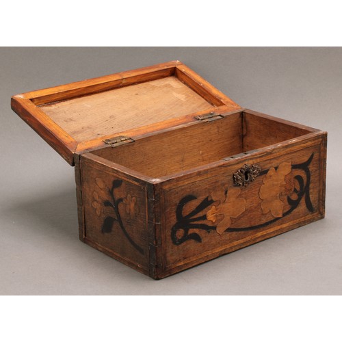 2213 - A 19th century vernacular oak and marquetry rectangular tea caddy, inlaid in the folk art manner wit... 