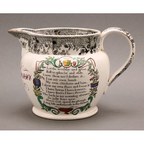 1 - A 19th century English pottery ovoid jug, inscribed Richd. Bonser, and transfer printed with the far... 