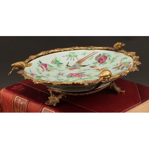 1293 - A 19th century gilt metal mounted Chinese dish, painted in the famille rose pallette in the Cantones... 