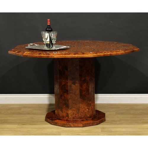 1507 - An Art Deco design burr yew, amboyna and mother of pearl parquetry dodecagonal centre table, the top... 