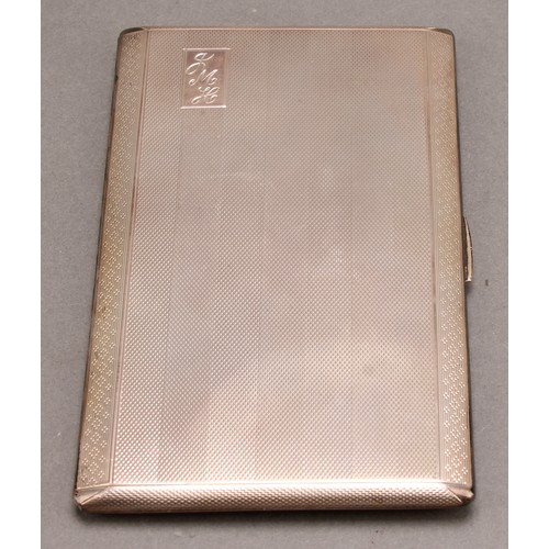 850 - A mid-century silver rectangular cigarette case, machined sides, gilt interior, 14cm high, 8.5cm wid... 