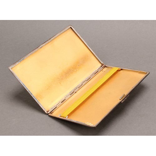 850 - A mid-century silver rectangular cigarette case, machined sides, gilt interior, 14cm high, 8.5cm wid... 