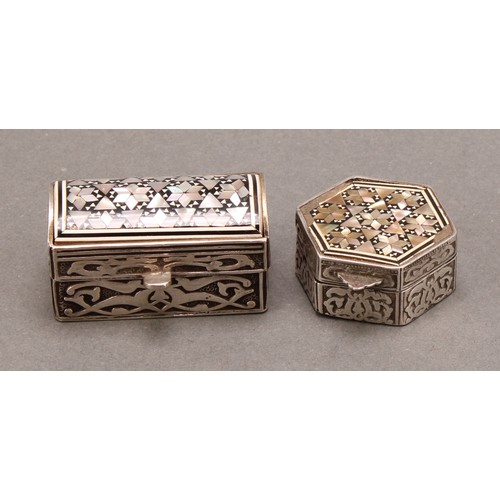 1049 - An Egyptian silver and mother of pearl marquetry rectangular box, hinged domed cover decorated in th... 