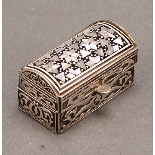 1049 - An Egyptian silver and mother of pearl marquetry rectangular box, hinged domed cover decorated in th... 